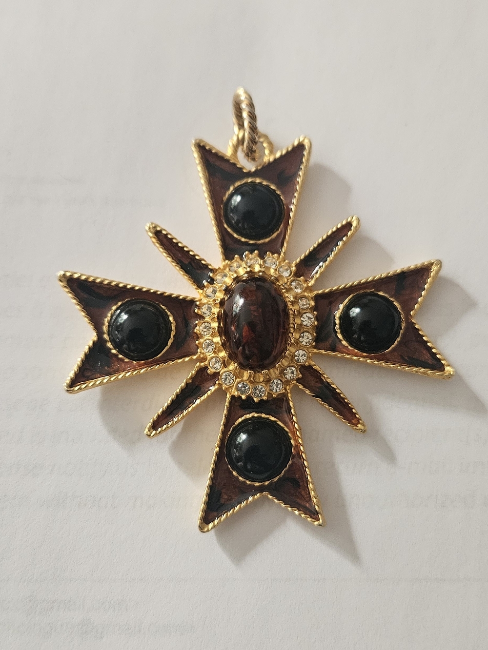 Gold-Tone Cross Pendant with Black and Brown Cabochons